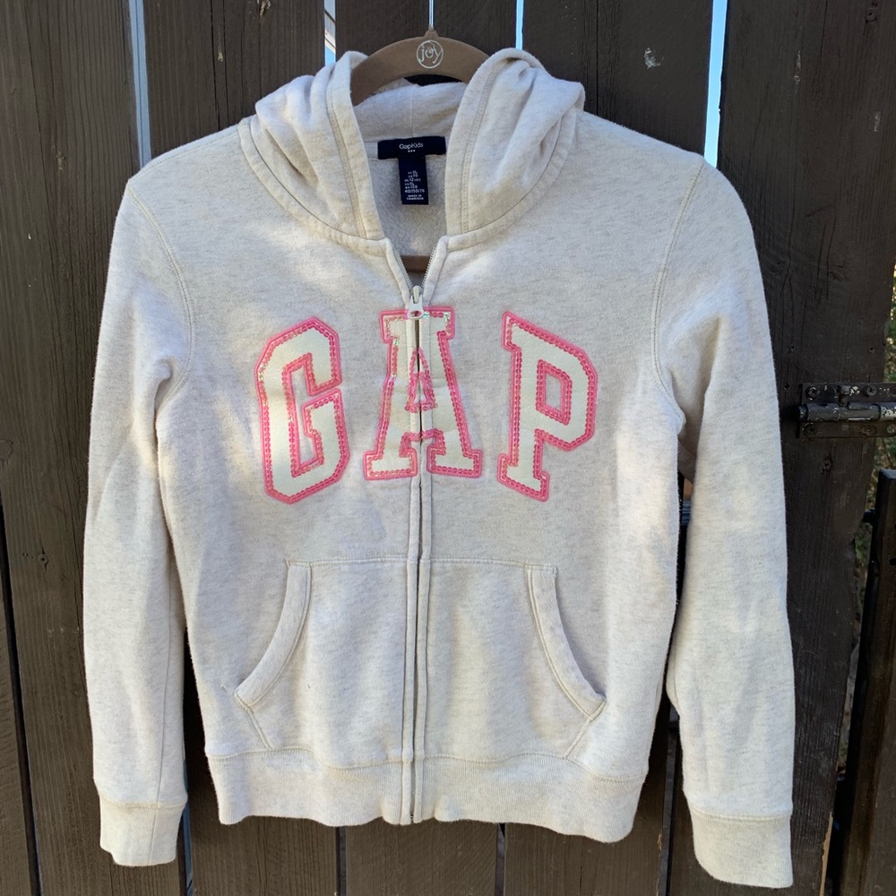 Gap logo sequin pink and beige zip up hoddie